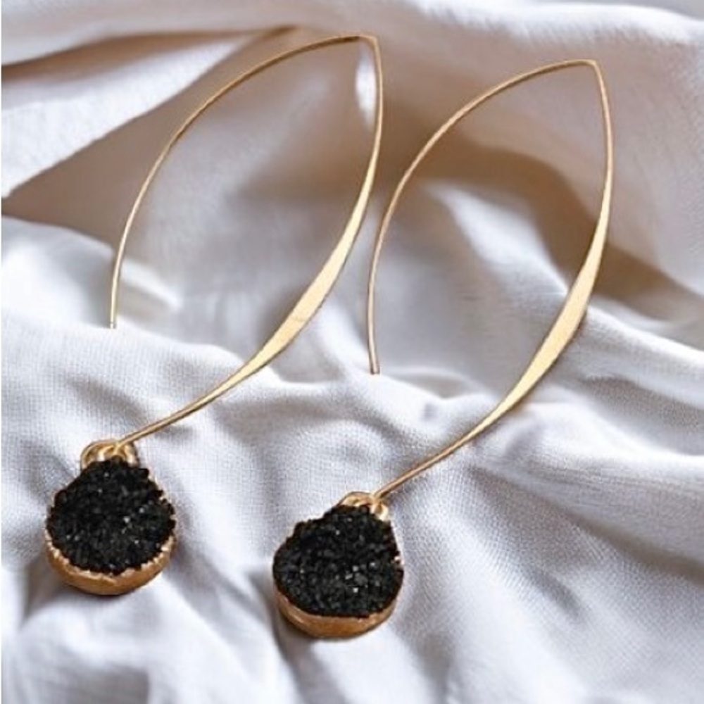 Anthropologie gold black sparkle druzy stone drop earrings half hoop lightweight